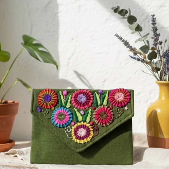 Handmade Handbags - Hand Crafted Embroidered Floral Thin Envelope Crossbody Clutch Olive Green Bag